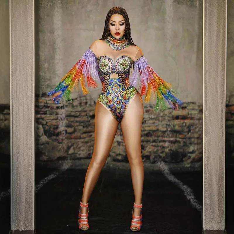 Boîte De nuit fête Performance Sexy scène Costume strass Stretch mince combinaison robes De Fiesta robes De soirée De luxe
