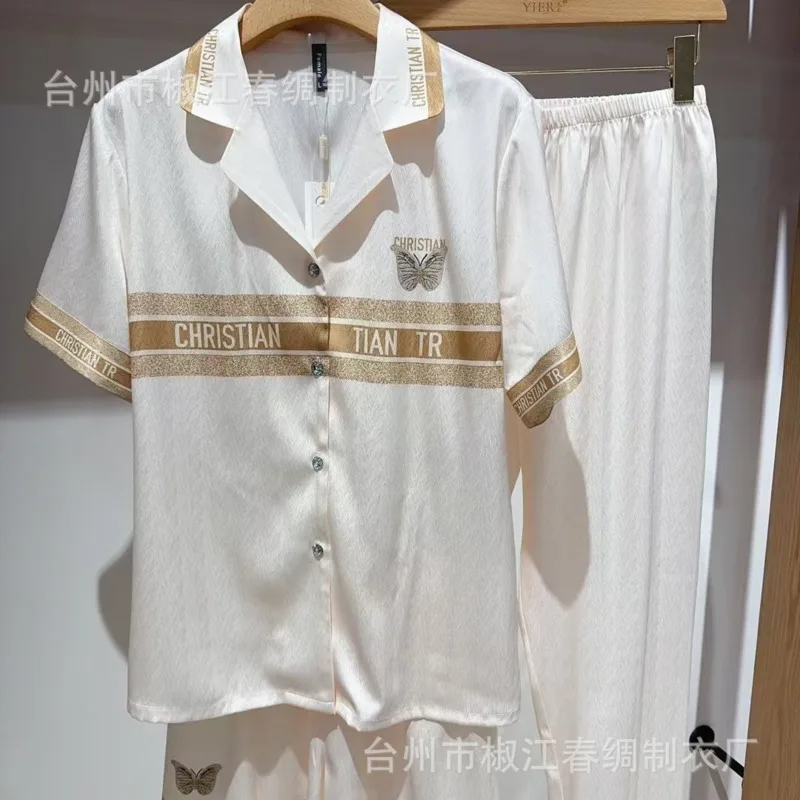 

2025 Luxury Butterfly Summer Ice Silk Print Pajamas Women Short Sleeve Pants Gold Three-piece Set Nightgown Sleepwear Nightwear