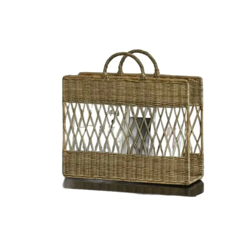 

Rattan handheld bookcase basket, hand-woven newspaper storage basket