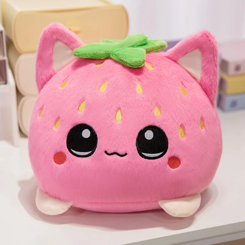 Cute Strawberry Cat Plush Toy Stuffed Pink Cat Turn into Strawberry Plushies Cartoon Animal Doll Soft Birthday Gift for Girl