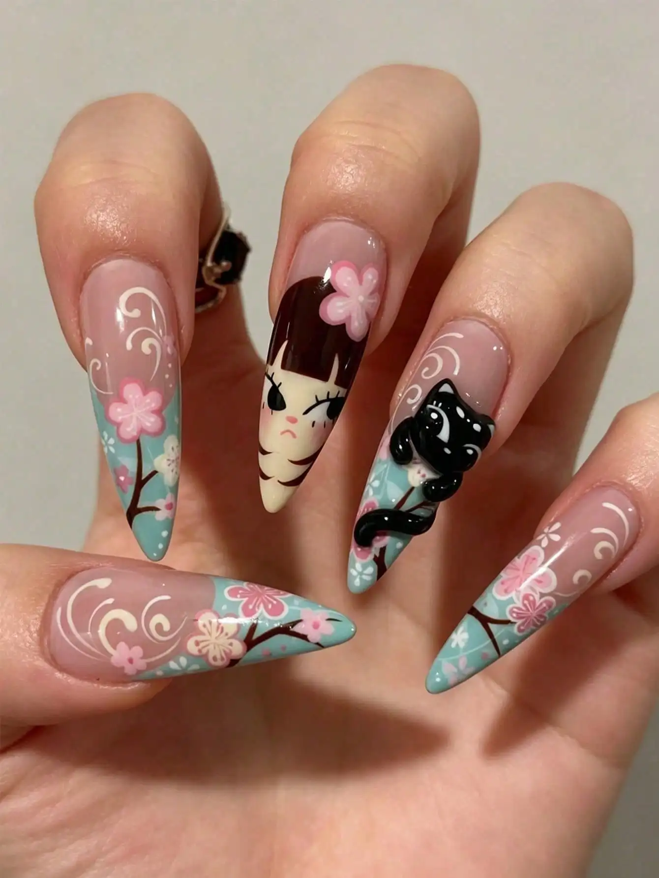 30pcs Japanese Style 3D Black Cat Acrylic Press-On Nails, Long Pointed Fake Nails, Pink & Blue Cherry Blossom Pattern, Suitable For Girls And Women's Nail Art, Anime Convention, Cosplay And Unique Party
