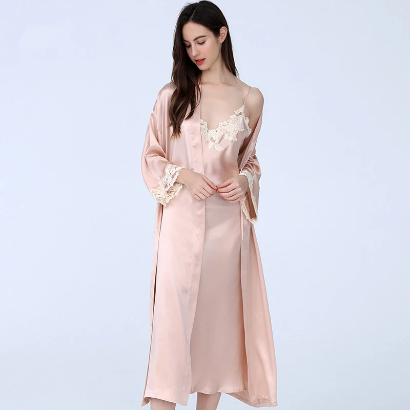 Luxury Lace Trim 100% Heavyweight Silk Bathrobe Sexy Long Nightgown Women Summer Lace Lounge Wear