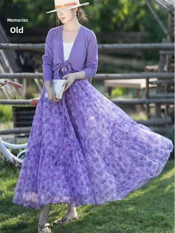 

Artistic Summer 2025 Women's Long Skirt Romantic Lace Trim Purple A-Line Midi Skirt Ele Casual Sle Loose Fit Floral Pat...
