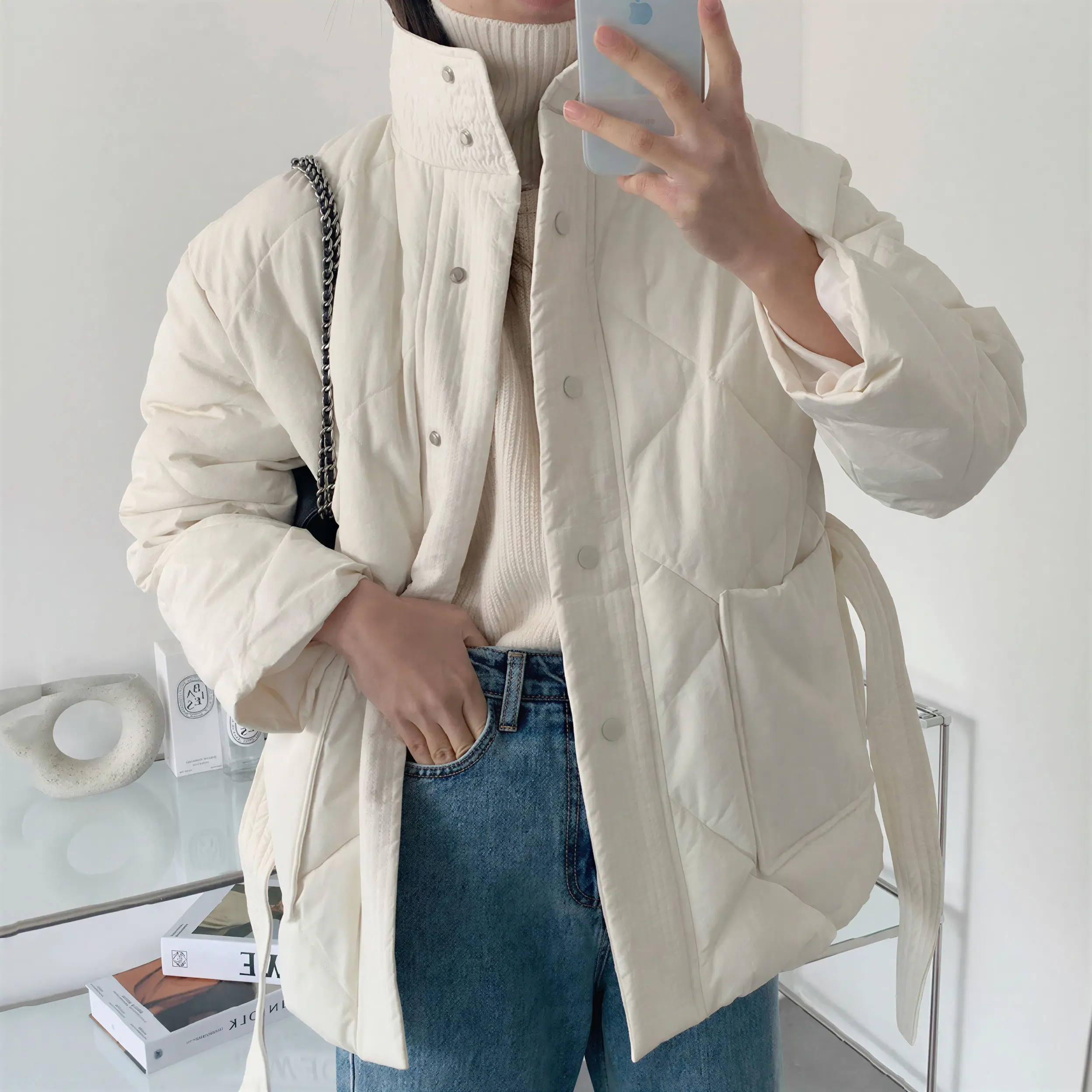 パーカー レディース インフォーマル オフシーズン ポリアミド パッド入りコットン ツーサイド カラーブロッキング スナップボタン フレア スタンドカラー フリル付き