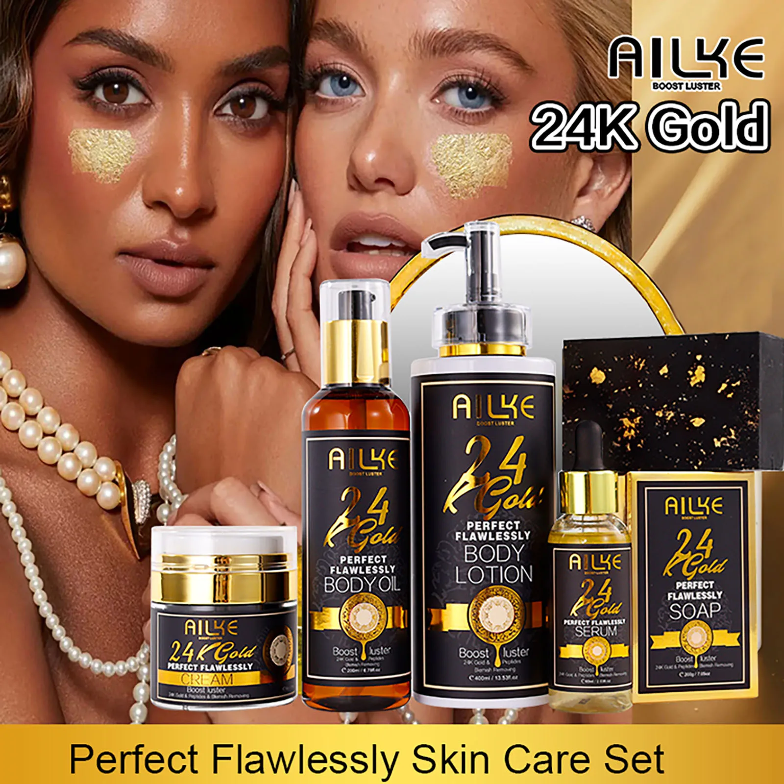 AILKE 24K Glod Flawlessly Skin Care Range, Skin Whitener, Reduce Dark Spots, Melanin, Wrinkles, Moisturize, For Women & Men