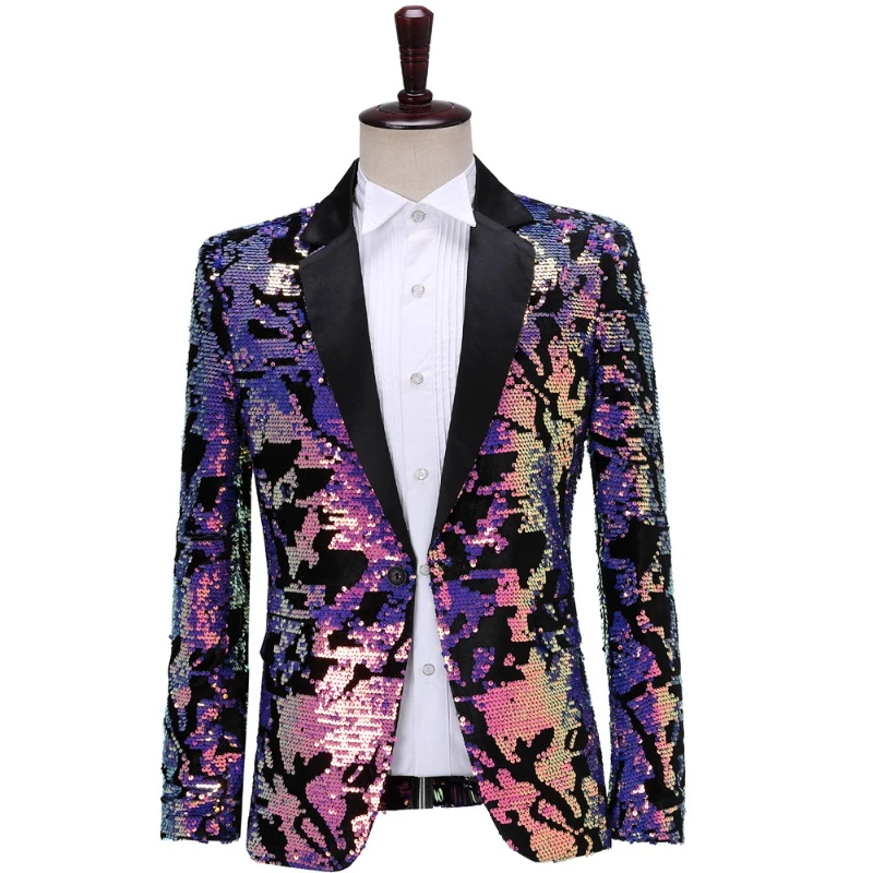 

2025 Fashion Flat Velvet Blue-Purple Flip Sequin Blazer for Men, Yellow-Green Host/Bar/DJ Performance Men's Glittering Jackets