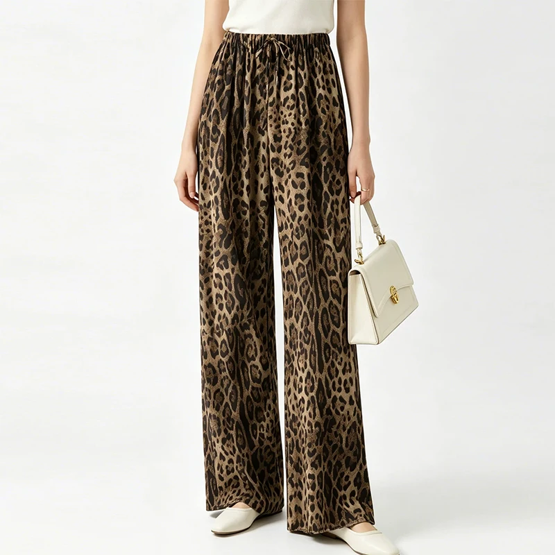 100% Mulberry Silk Crepe Silk Women Pants Brown Leopards Printed Elastic Waist Wide Leg Long Trousers with Pockets FF069
