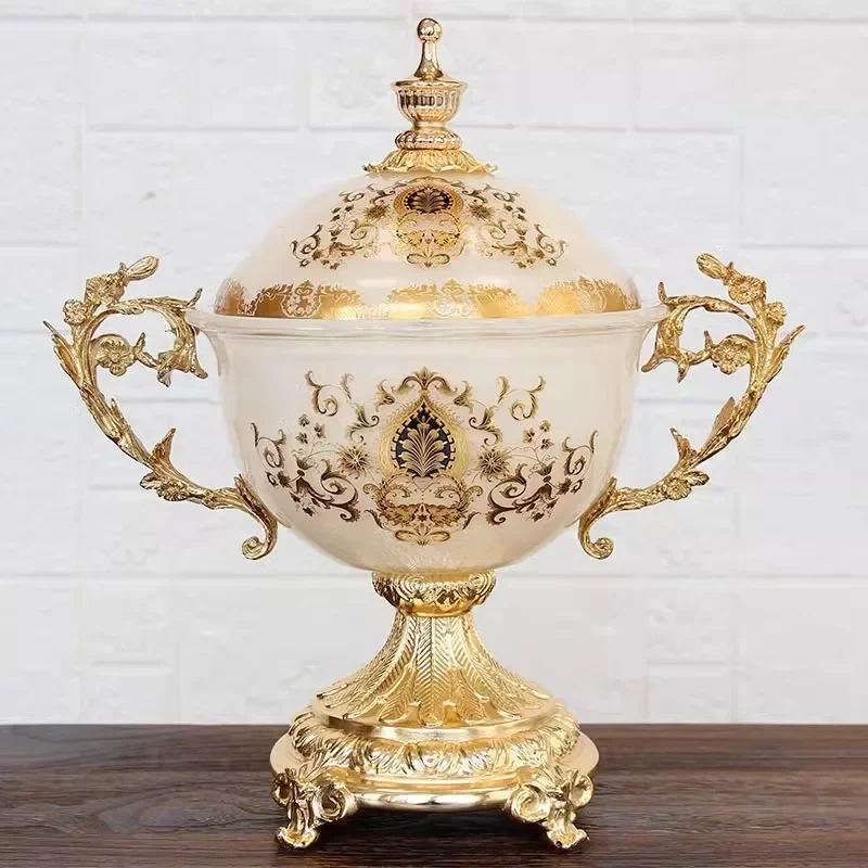 خزان تخزين زجاجي مصنوع من خليط معدني على الطراز الأوروبي، وزخارف ناعمة لغرفة نموذجية الفيلا، وحرف يدوية لمدخل غرفة المعيشة الفاخرة #3