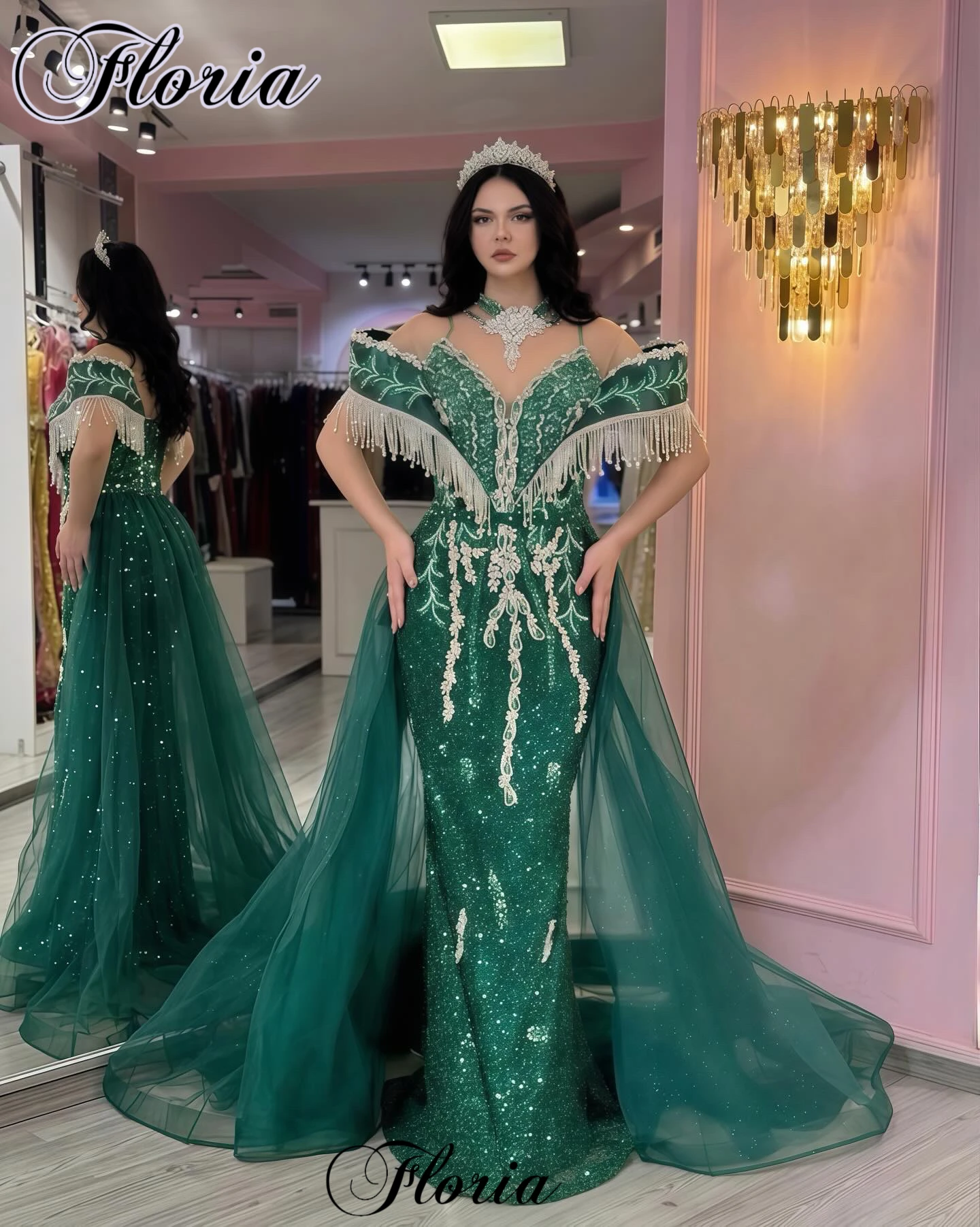 

Green Mermaid Evening Dresses Elegant Special Occasion Dress With Crystals Off Shoulder Prom Gowns Vestidos De Fiesta Customized