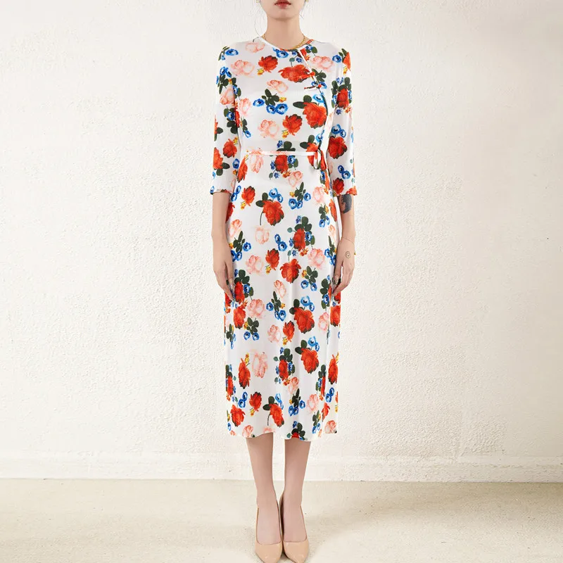 

Dress For Women Vintage Chinese Style Flowers Printed Round Neck Stretch Miyake Pleated Split Dresses