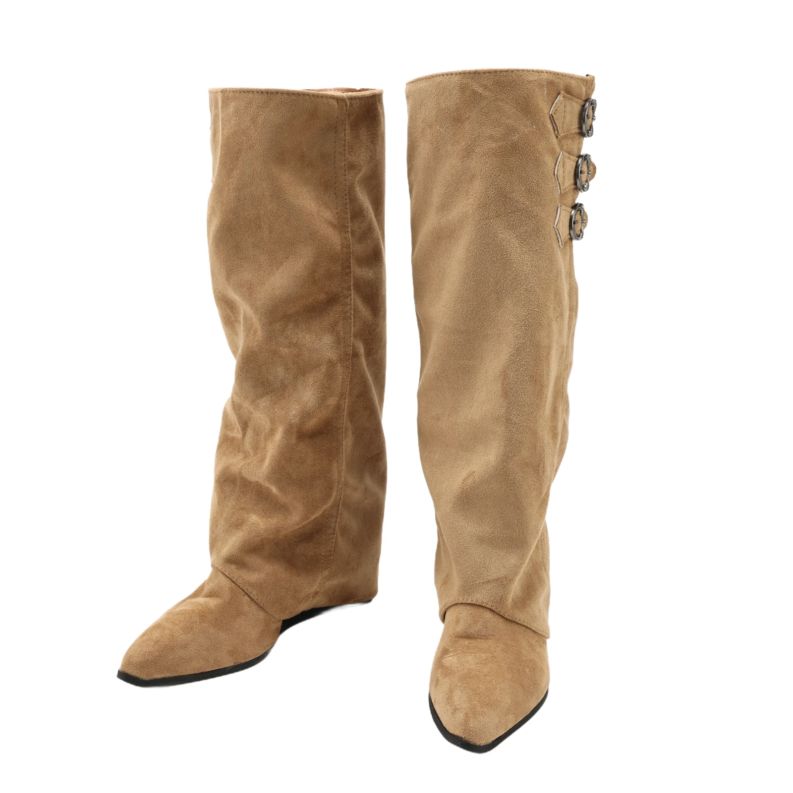 Women Retro Western Cowboy Cosplay Boots, Soft Faux Leather Pointed Toe Height Increasing Boots, Khaki