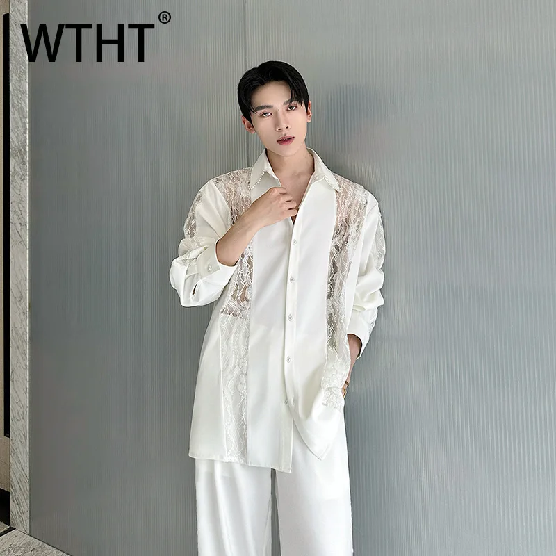 

WTHT модные мужские однотонные кружевные рубашки с вырезами, модные летние свободные топы с длинными рукавами и лацканами 2025, мужские 2A1098