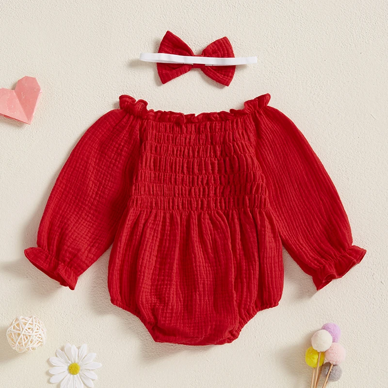 Infat Baby Girls Rompers Valentine's Day Clothes Heart Letter Embroidery Long Sleeve Spring Bodysuits with Headband 2Pcs Sets