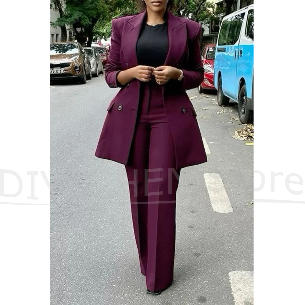 Women Long Double Breasted Blazer And Wide Leg Pants Suit Elegant Formal Office Lady Work Wedding Fashion Two Piece Outfit