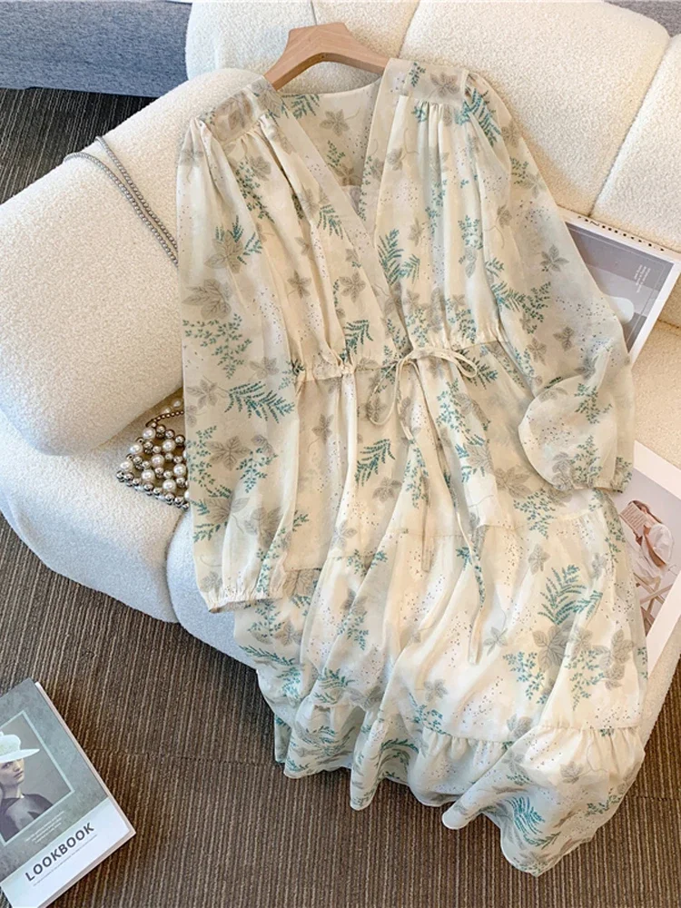 فستان NYFS نسائي فضفاض مقاس كبير بأكمام طويلة من الشيفون مُزين بنقشة الزهور على الطراز الكوري 2025 لربيع وصيف رداء أنيق جديد Elbise