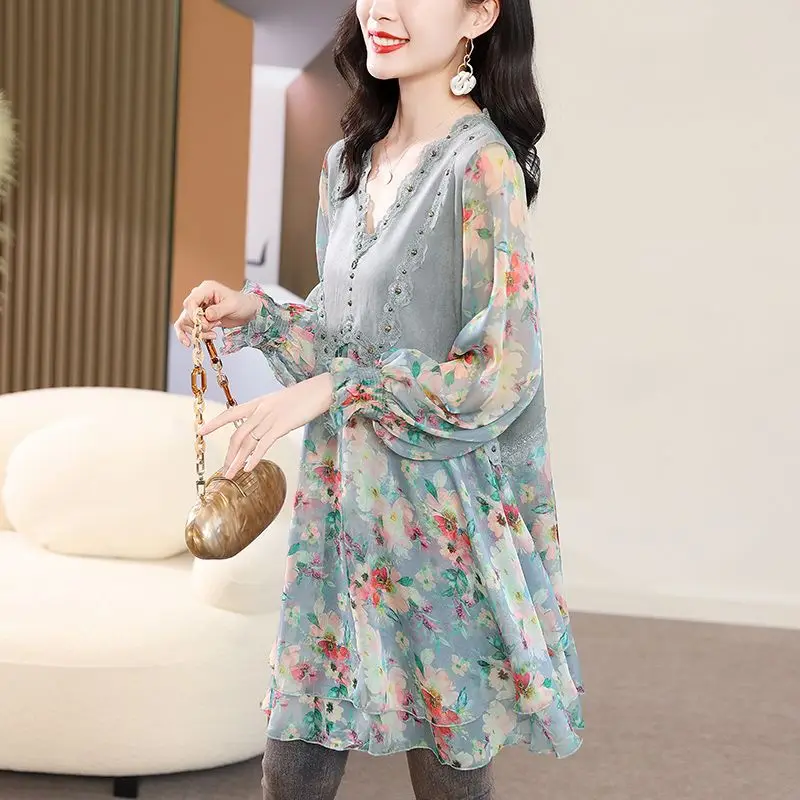 Women\'s Pullover V-neck Chiffon 2023 Spring and Summer Vintage Midi Lantern Sleeve Patchwork Broken Flowers Rivet Loose Dresses