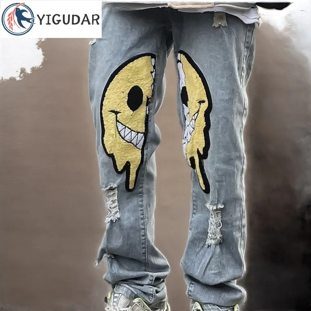 

Irregular Ripped Hole Jeans Denim Pant Woman Man Straight Patchwork Baggy boyfriend y2k Punk Kpop Harajuku wide leg jeans