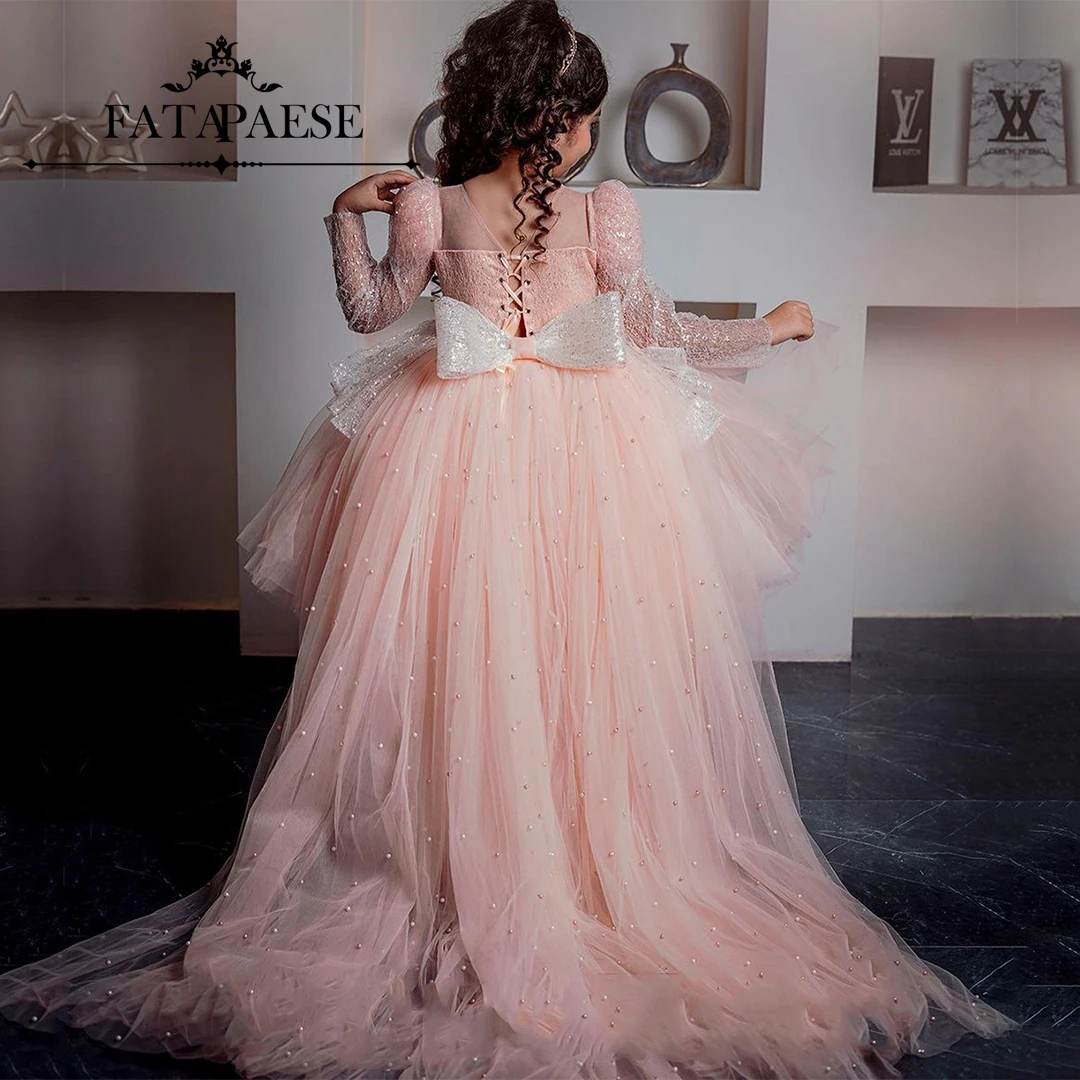 

FATAPAESE Peach Pink Flower Girl Dress Square Neckline All-over Sparking High-low Long Train at Back Lace-up with Pearls Tulle