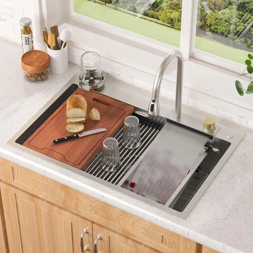 

33x22 Inch Waterall Kitchen Sink Drop In T304 16 Gauge 33x22 Workstation StainlSteel Single Bowl With Pull Out aucet Set, Integr
