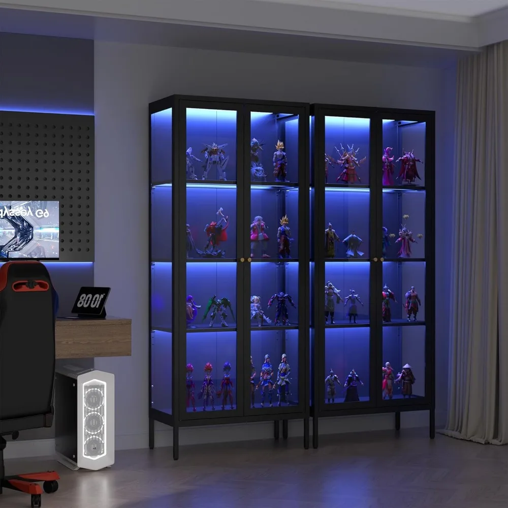 Glass Display Cabinet with 3 Color LED Lights,Black Curio Cabinet with Glass Doors, 68 Inch Tall Display Case for Collectibles,