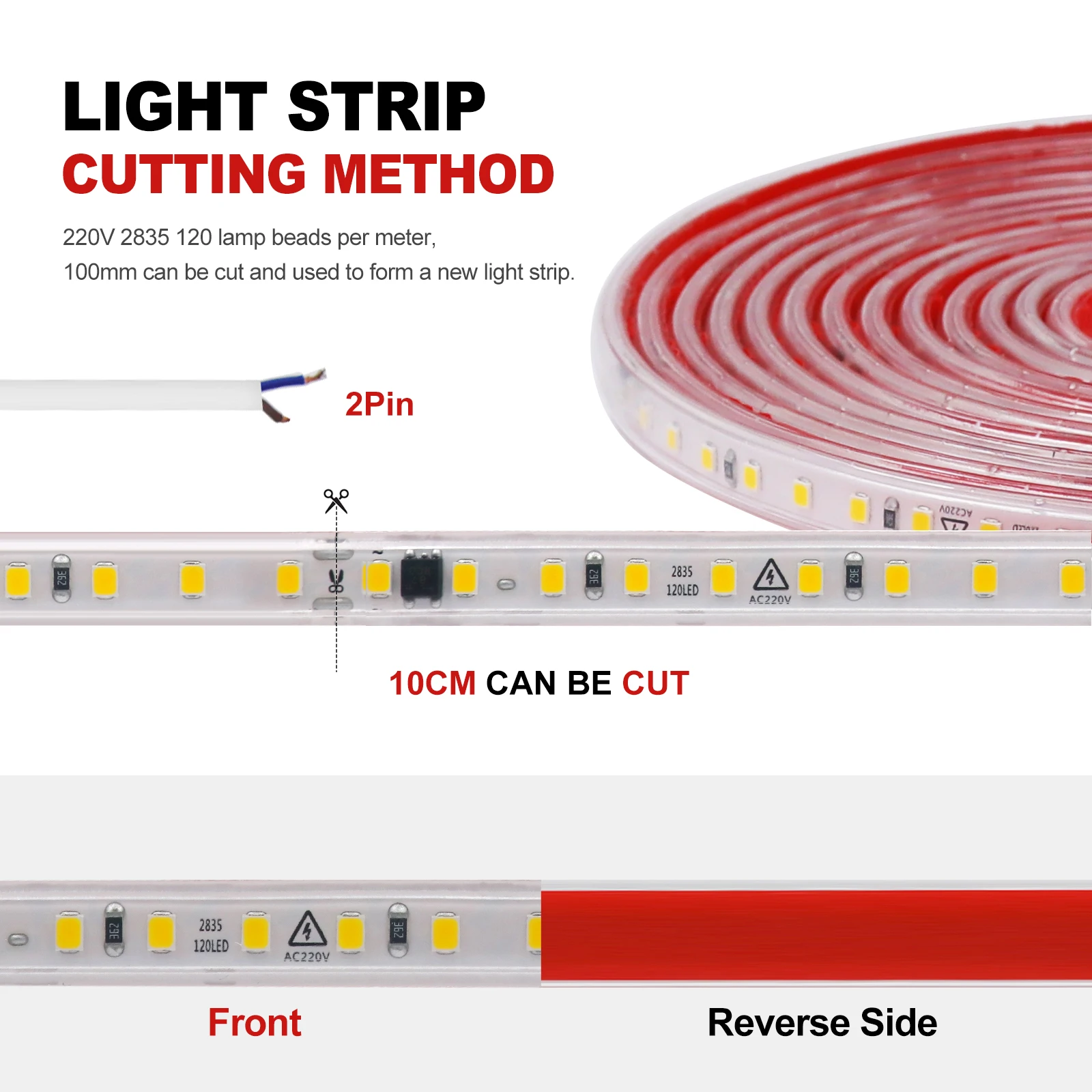 Imagem -05 - Auto-adesivo Led Strip Light Fita Iluminação Doméstica Flexível Ip65 Impermeável ao ar Livre 120 Leds por m ac 220v 2835 150m