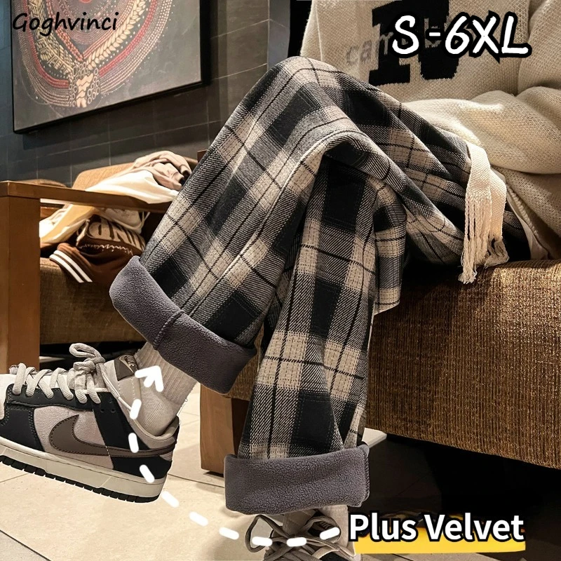 

Women Vintage Plaid Pants Leisure Plus Velvet Simple Baggy Unisex Drawstring Sporty Wide Leg Trousers All-match Fashion Teens