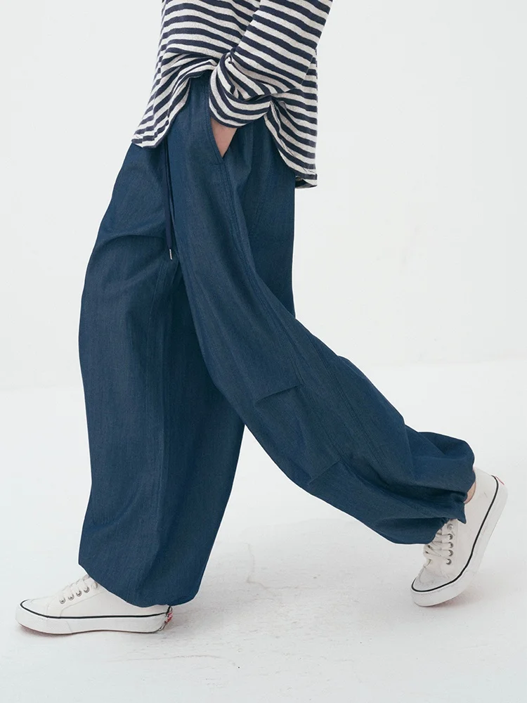 

UMILAB Long Velvet Cotton Smooth Lightweight Elastic Waist Denim Pants High Waist Wide Leg Casual Loose Fit Summer Ladies