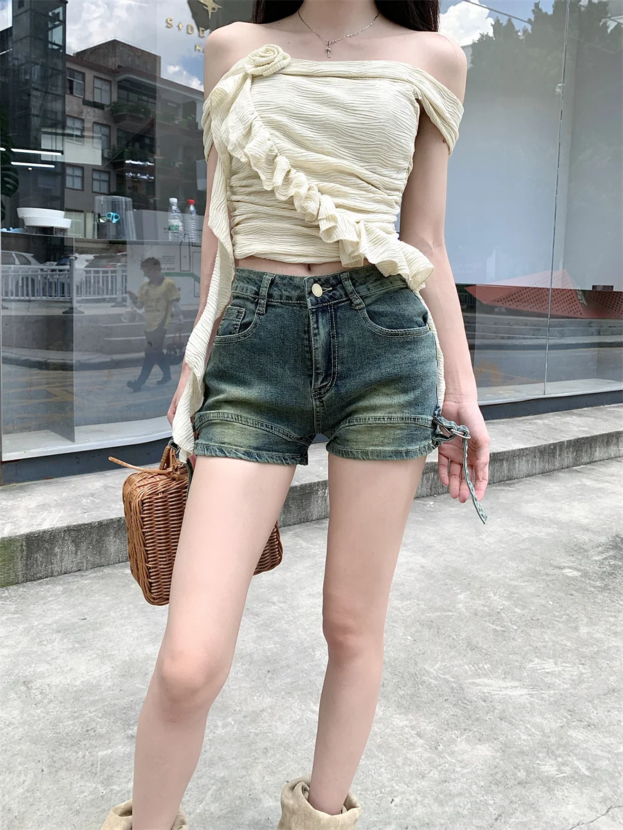 

Slergiri Summer new women's denim shorts american retro high waist sexy hot pants female y2k streetwear washed shorts jeans