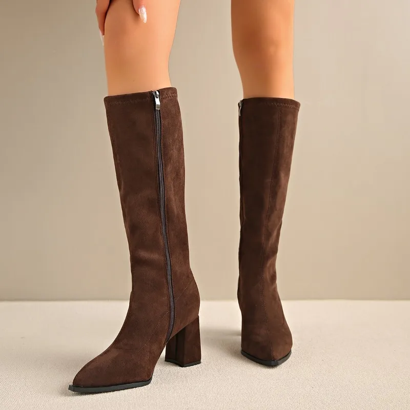 

Scrub Fleece Tall Boots Fashion Pointed Toe Side Zipper Non-slip Wear-resistant Block Heel Shoes For