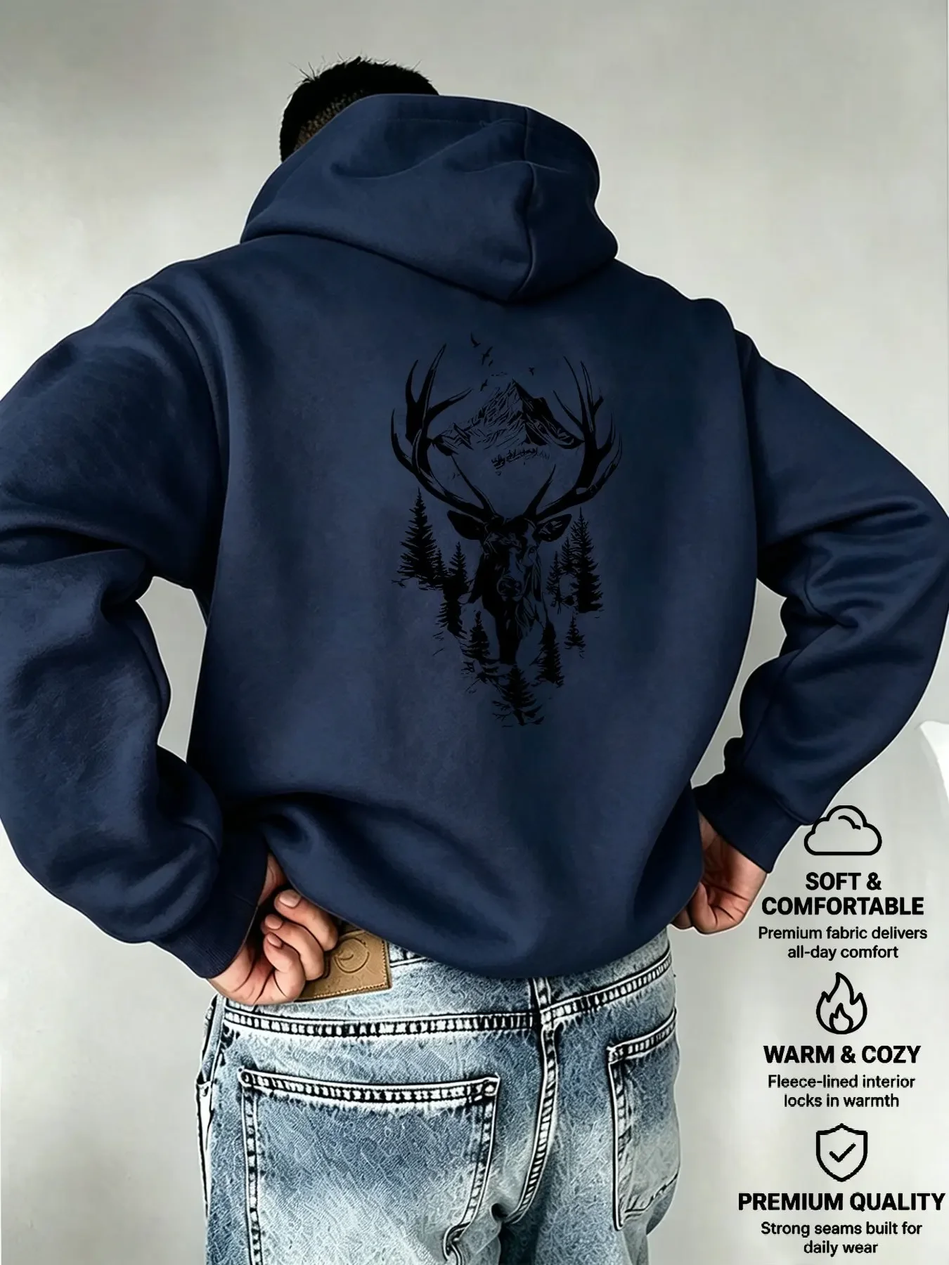 Men's Mountain Deer Forest Print American Vintage Oversized Fleece Hoodie Sweatshirt Suitable for Outdoor Streetwear Style