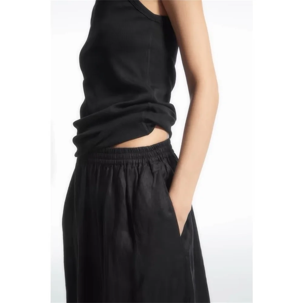 Cos Lris 2024 Summer New Product Women\'s Versatile Casual Elastic Waist Black A-line Skirt Half skirt