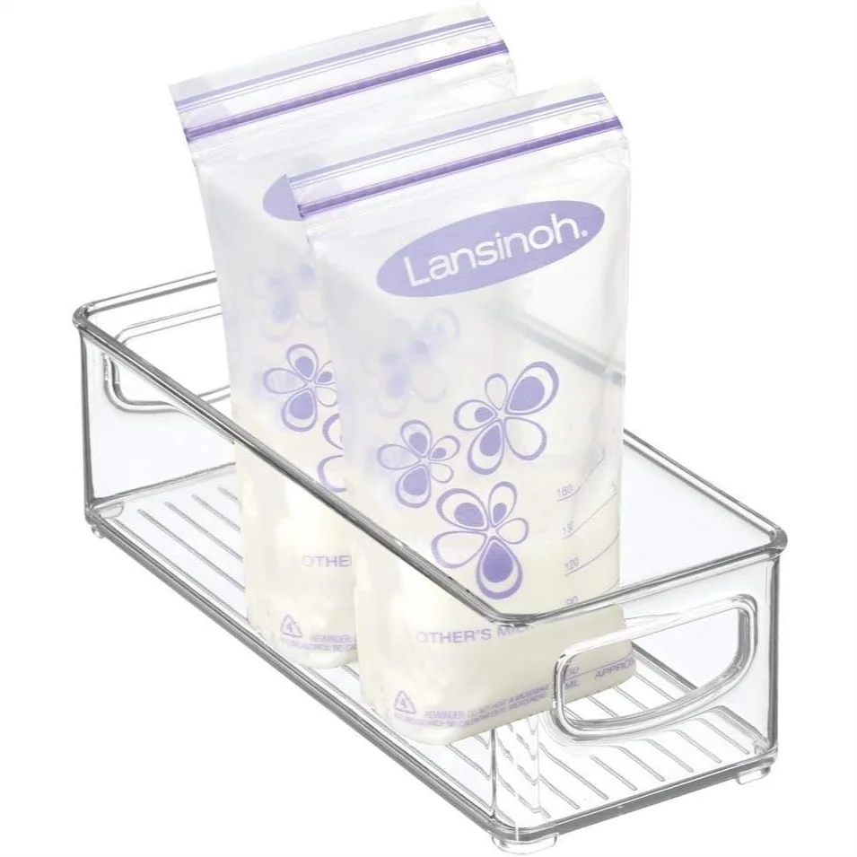 

Small Plastic Storage Bins with Handles for Baby Food, Bibs, Formula - Clear Organizer for Cabinet, Closet or Cubby Shelves