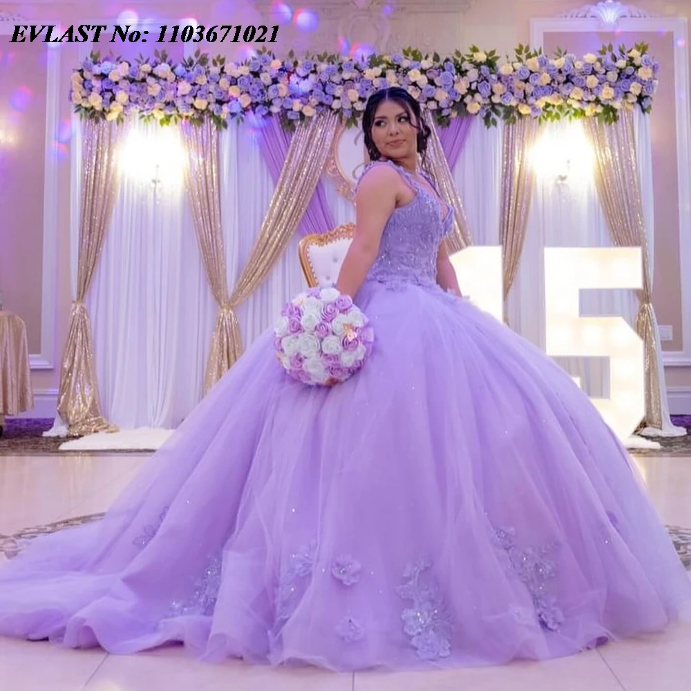 EVLAST Customized Lavender Lilac Quinceanera Dress Ball Gown Lace Applique Bead Mexico Corset Sweet 16 Vestidos De 15 Anos SQ571