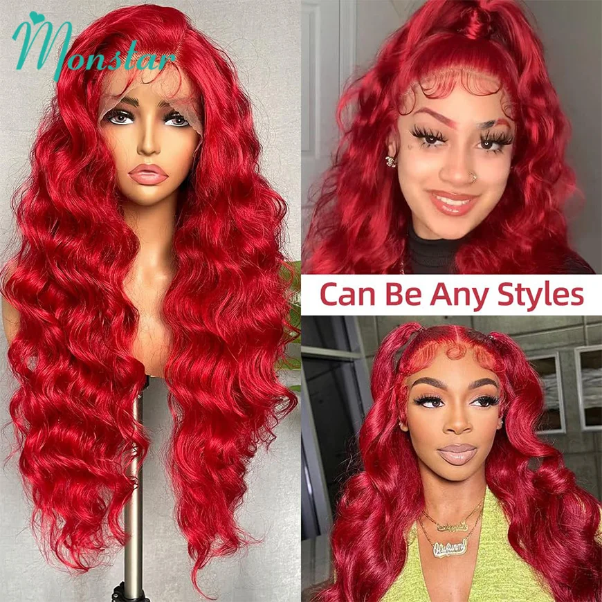 Red 13x6 Hd Lace Frontal Human Hair Wigs Body Wave Lace Front Wig Pre Plucked Colored Human Hair Wigs for Women 30 34 36 38 Inch