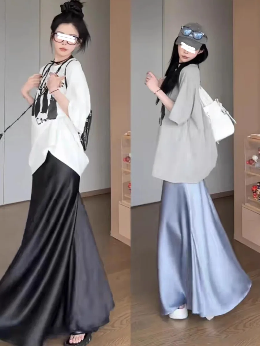 Gonna lunga in acetato di raso di seta Ele Bla Gonna estiva da donna a vita alta drappeggiata con coda fi Gonna casual a trapezio