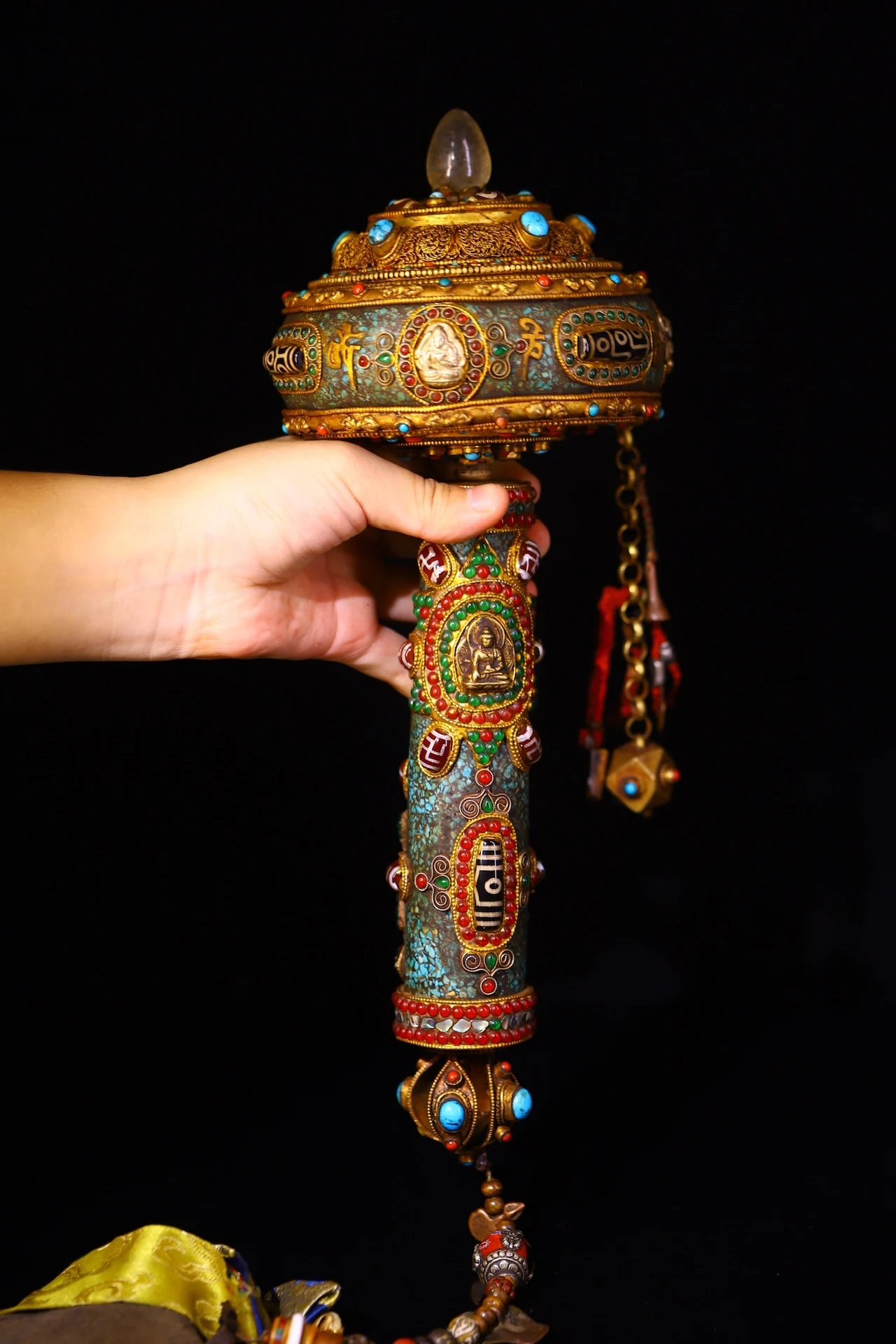 

14"Tibetan Temple Collection Old Tibetan Silver Filigree Mosaic Gem Crystal Shell Old Scriptures Prayer Wheel Worship Hall