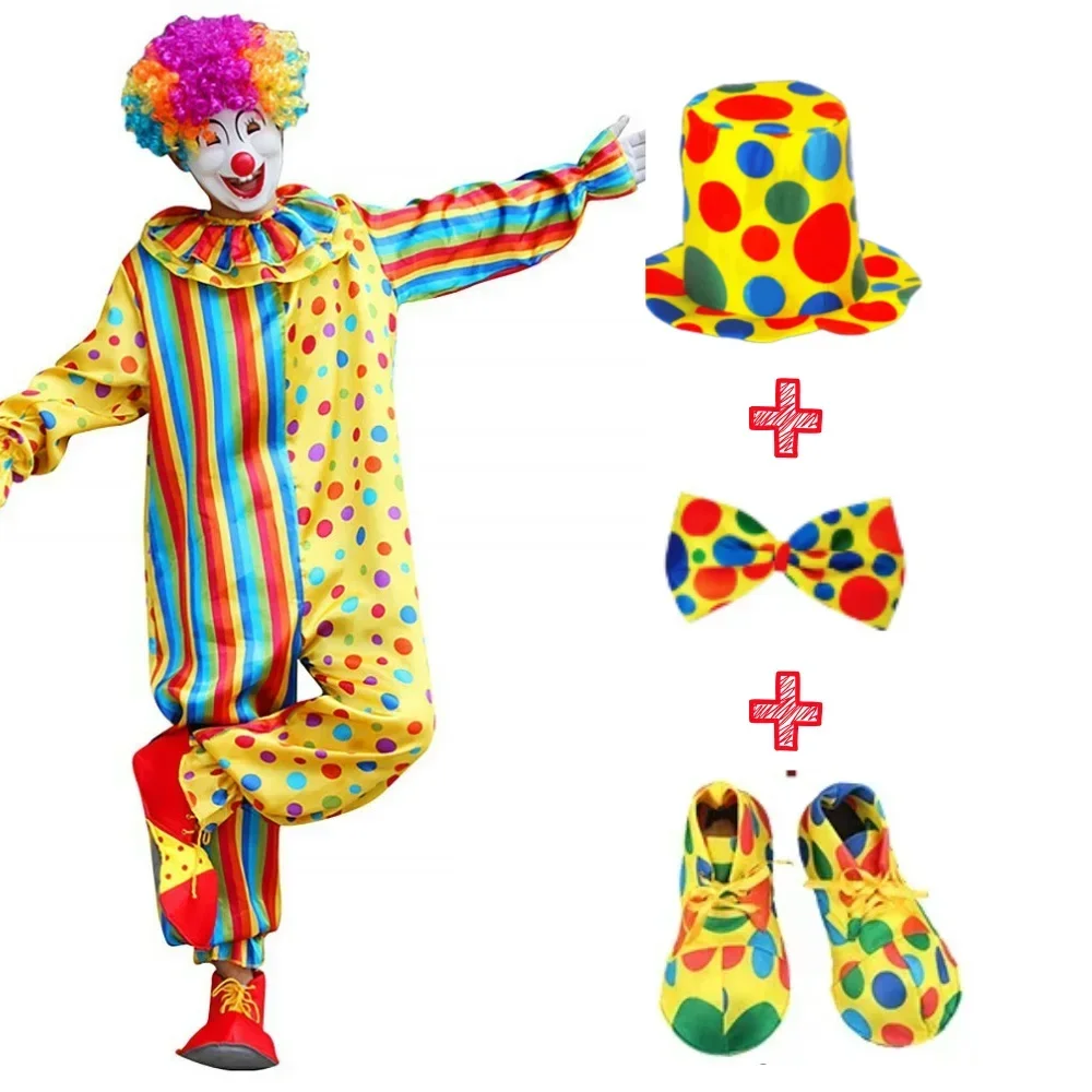 Adult Jumpsuit Circus Clown Cosplay Costume Stage Performance Suit Carnival Party Clown Clothing 3Pcs Set