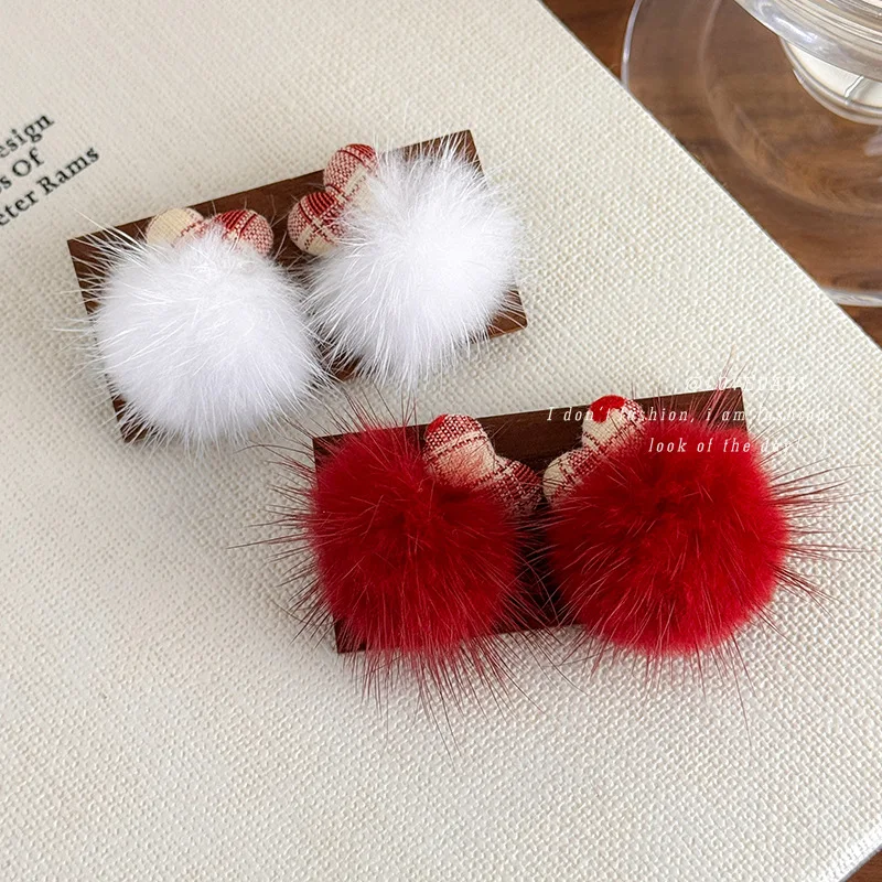 Fabric Heart Plaid Pom Pom Stud Earrings Warm Cute Soft Alloy Post Premium Versatile Commute Casual Winter Jewelry Her