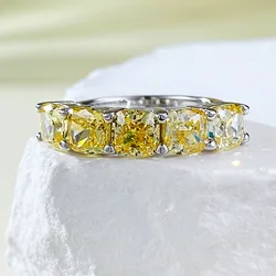 Jewelry S925 Silver New Product 5 * 5mm Fat Square Yellow Diamond Five Stone Ring for Women in Europe and America