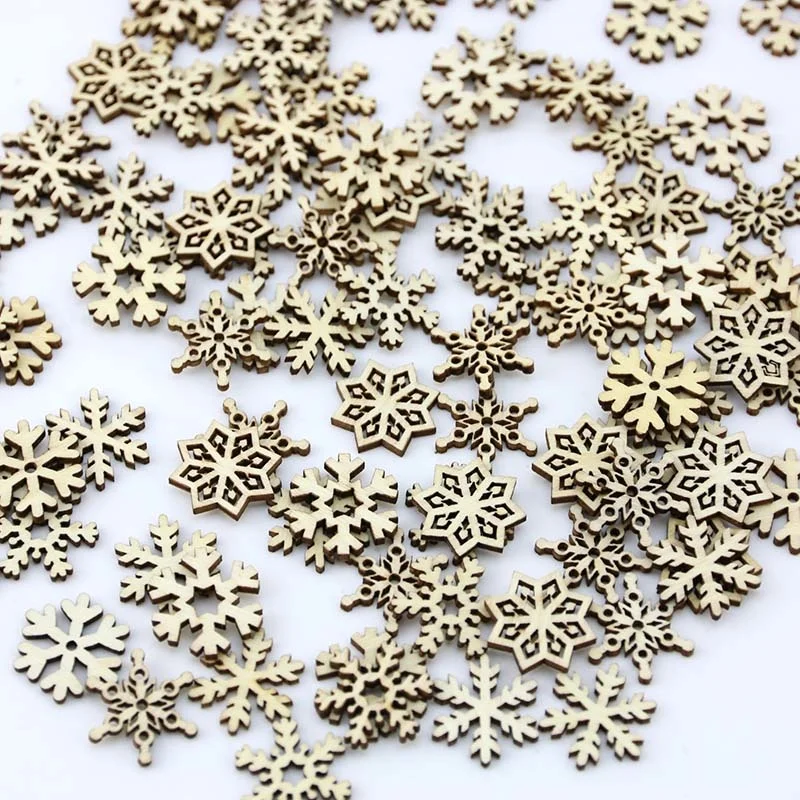 (100 Pieces/pack) 25mm Wooden Snowflake Mixed Snowflake Christmas Tree Pendant New Year Home Decorations