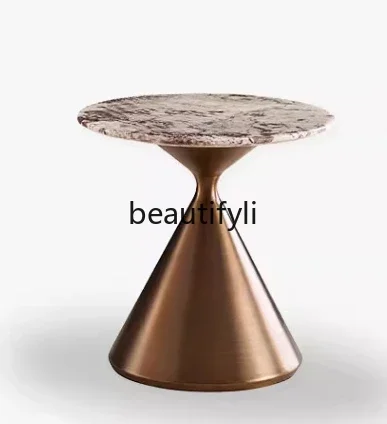 Italian natural luxury stone coffee table light luxury round marble surface stainless steel small round table