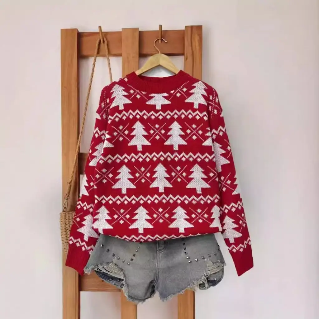 Suéter de Jacquard de Navidad con cuello redondo para mujer, manga larga, moda de invierno, estilo europeo y americano