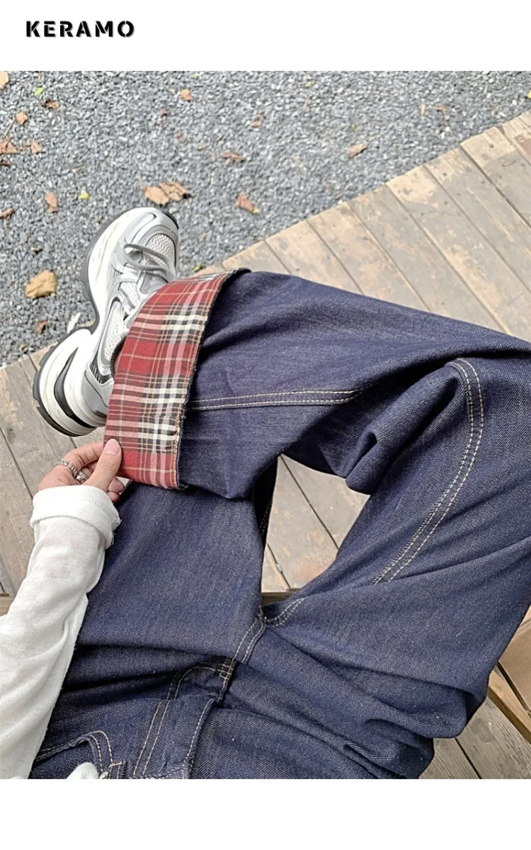 

Женские джинсы в стиле эмо в стиле ретро в полный рост в стиле гранж, уличные джинсы в клетку, мешковатые брюки со шваброй, американские повседневные потертые джинсовые брюки Y2K