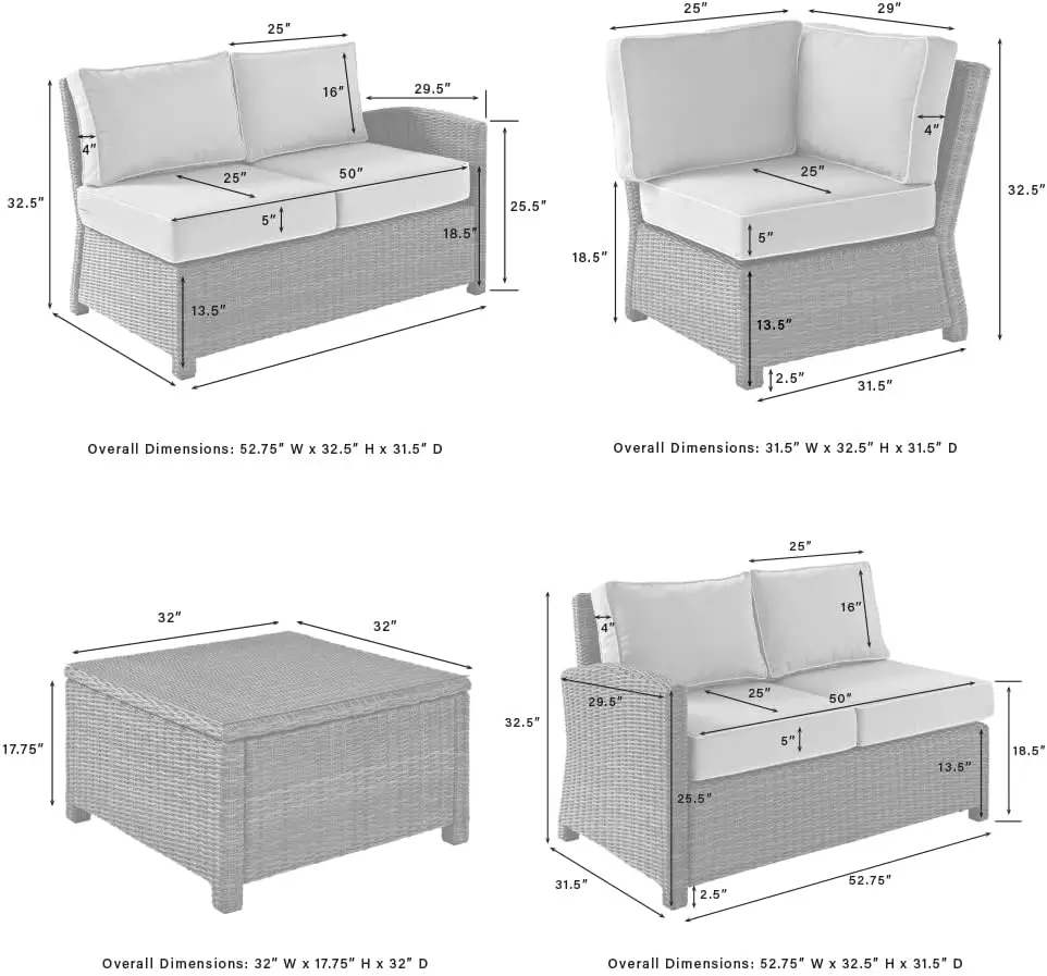 KO70019WB-GY-Juego de asientos de mimbre para exteriores, mobiliario de 4 piezas (Loveseat, 2 sillas de brazo, mesa de centro), color marrón con cojines grises