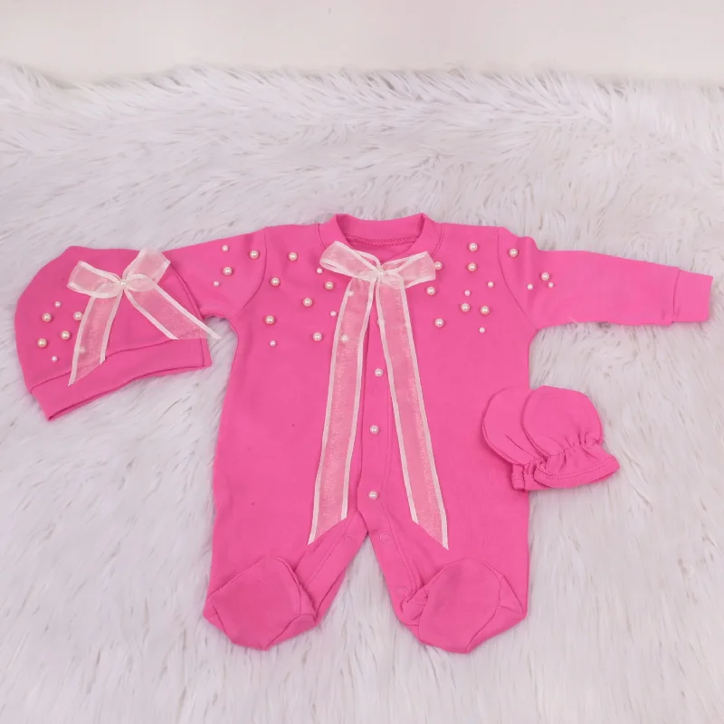 Handgefertigtes 3-teiliges Fuchsia-Baby-Strampler-Set aus 100 % Baumwolle für Neugeborene, neues Design-Kleidung, kostbares, individuelles, perlmuttfarbenes Organza-Luxus-Baby-Outfit