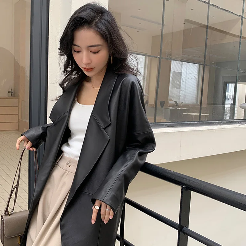 New Sheepskin Genuine Leather Coat Women's Mid length Loose Belt Leather Coat Coat Leather Windbreaker Fashion