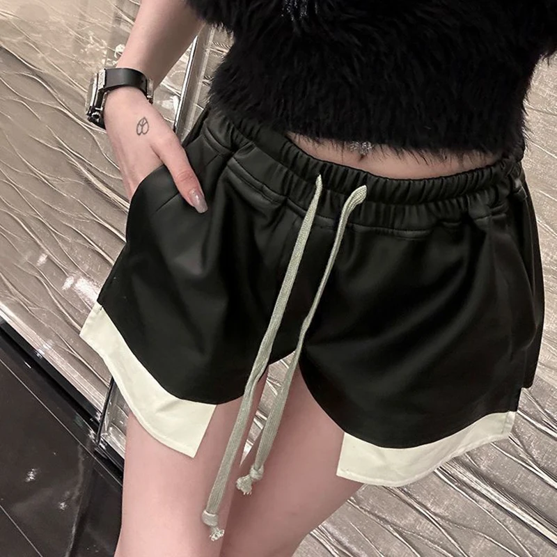 2024 Summer Women's New Fashion Contrast Color Imitation Leather Lace up High Waist Wrap Hip Tight Casual Shorts for Women