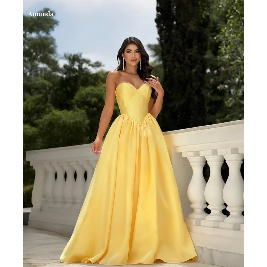 

Amanda индивидуальное платье для выпускного вечера без бретелек с открытой спиной и без рукавов, атласное трапециевидное платье длиной до пола, желтое торжественное вечернее платье