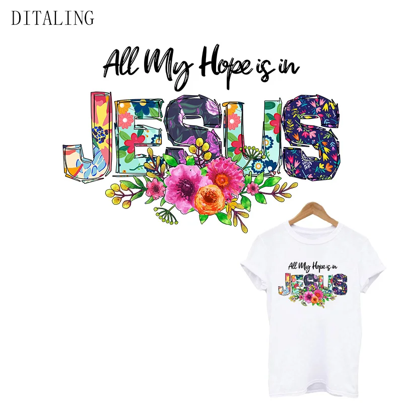 

Jesus Heat Transfer Patch For Clothing Flower Hope Thermal Sticker For T-Shirt Hoodeies Bag DIY Washable Spirit Iron On Decals