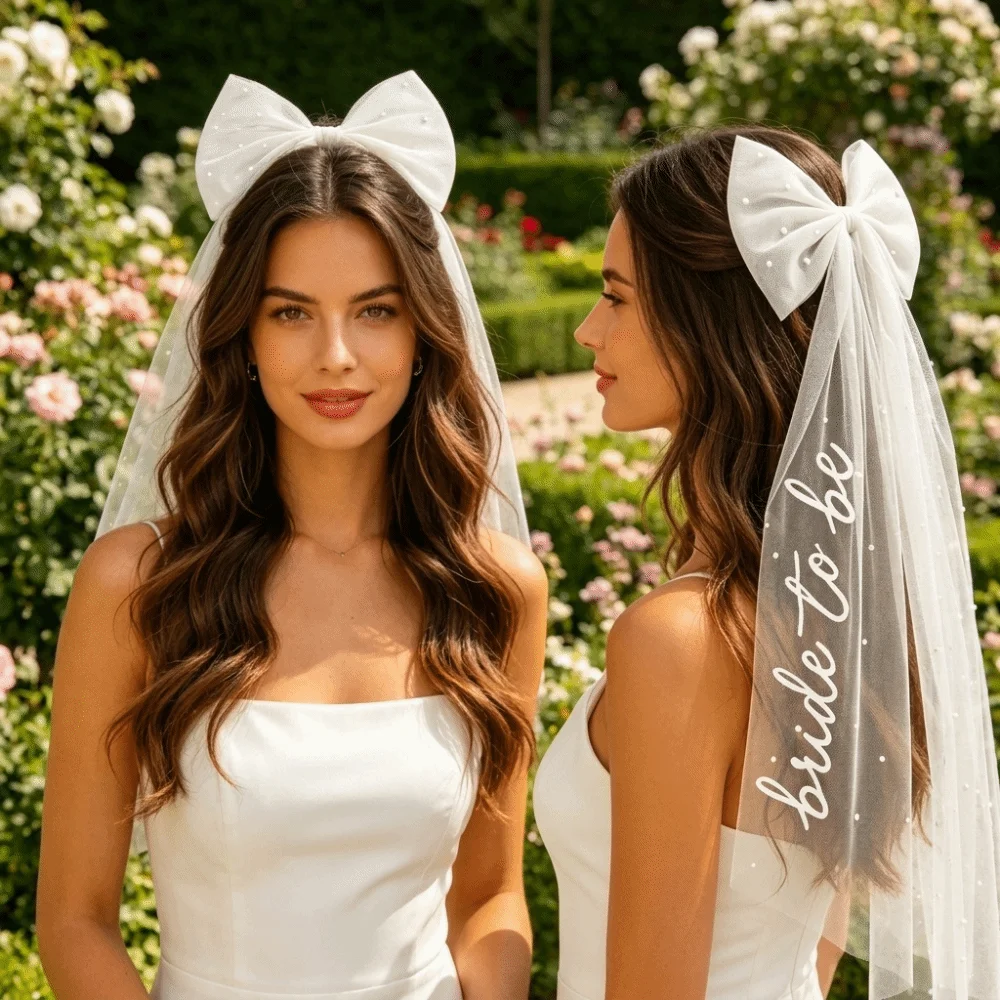 Clothes Match Tulle Bow Bridal Veil Elegant Pearl Ribbon Bride Bow Hair Veil Retro Vintage Wedding Headdress Romantic Occasion